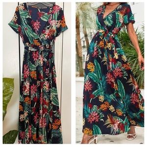 Tropical Print Navy Maxi Dress (new) Shein